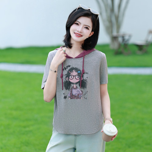 休闲撞色印花连帽短袖T恤女