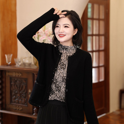 感亮片纯色圆领针织开衫女秋
