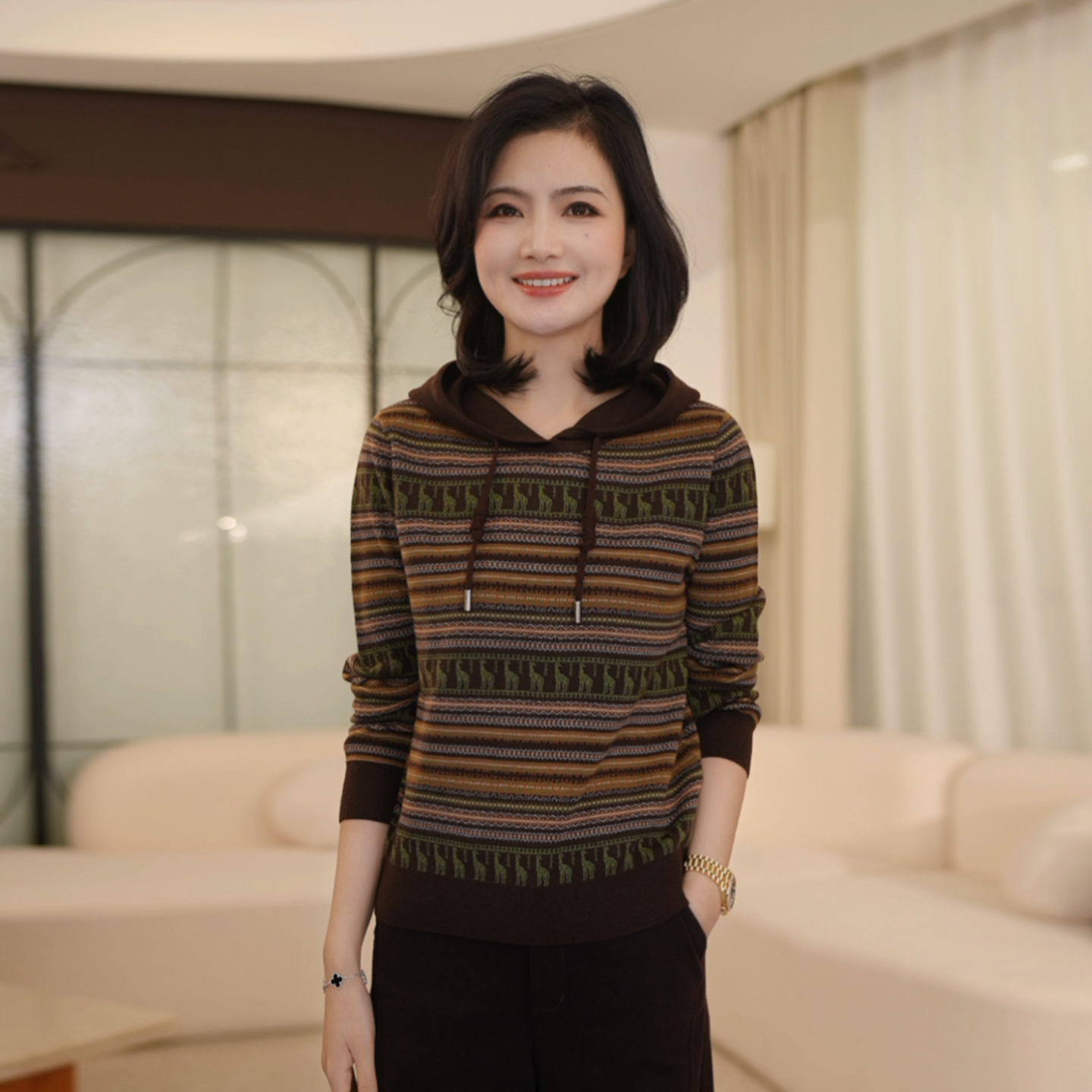 复古提花高级感连帽显瘦针织衫