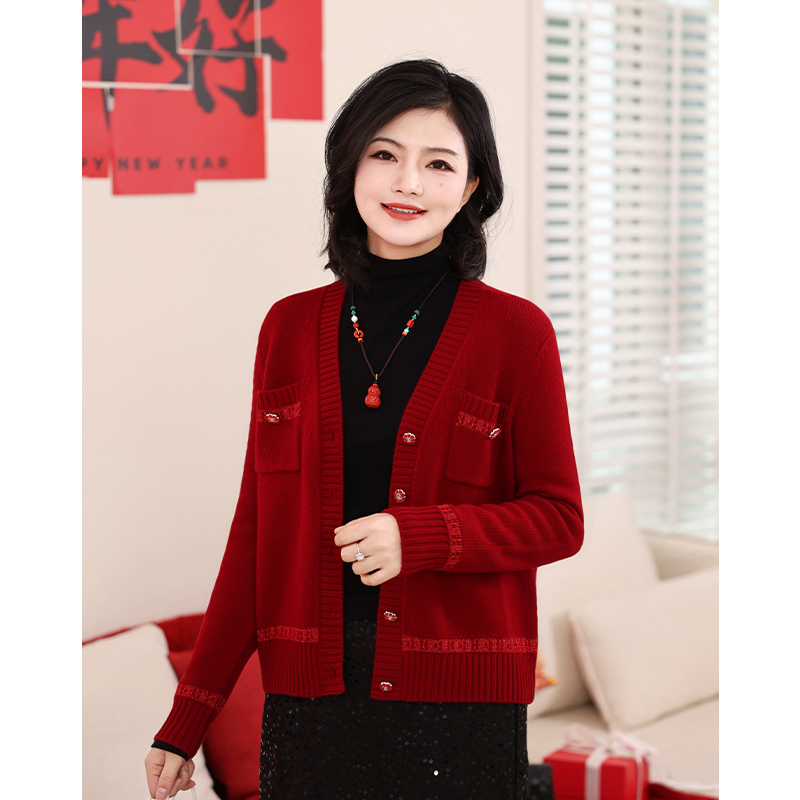 小香风亮丝织带丝绒扣针织开衫女