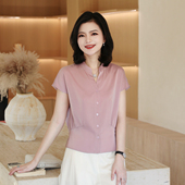 气质通勤圆V领短袖 捏褶收腰粉色衬衫 女2025夏季 枫竺法式 短款 衬衣
