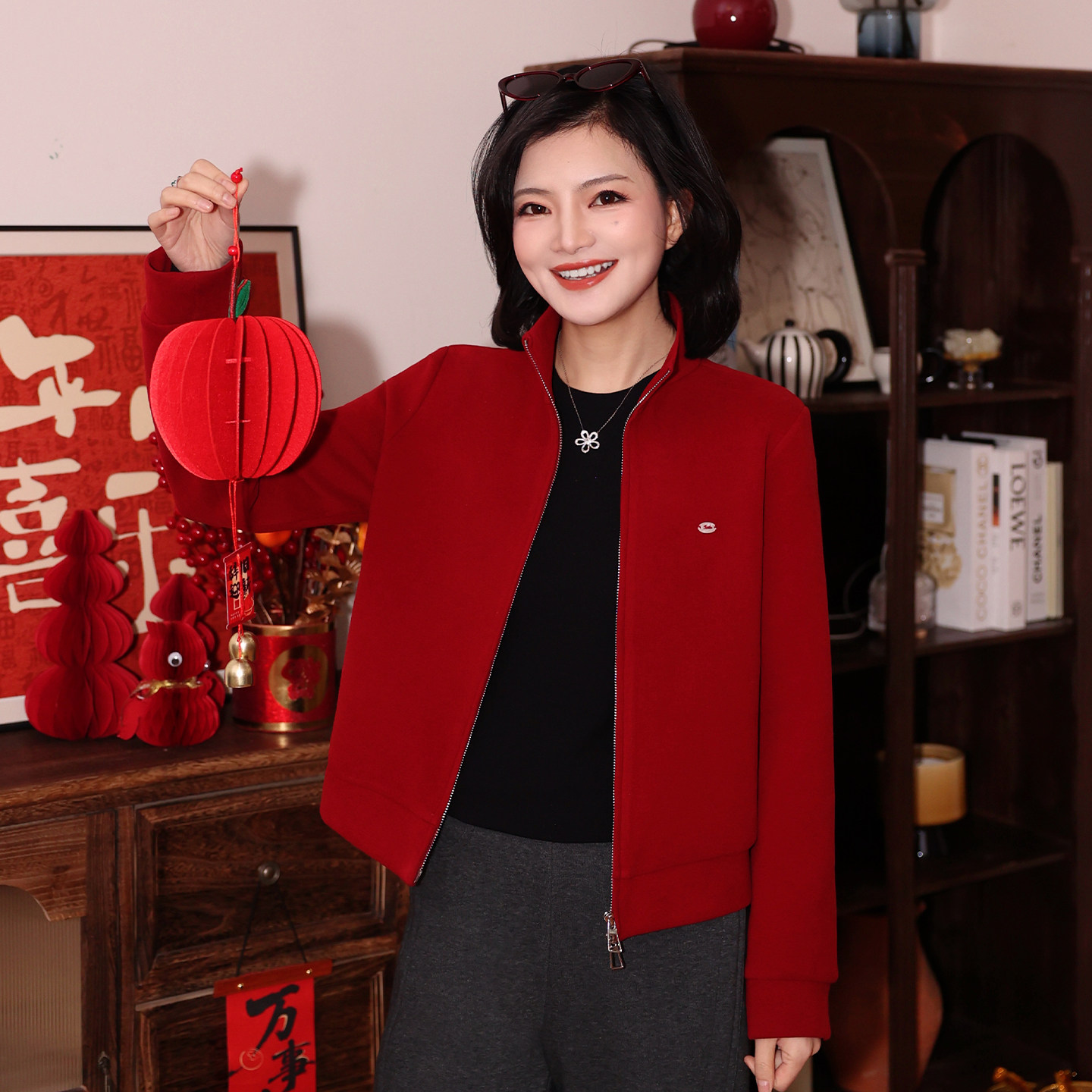 枫竺新年红穿搭磨毛绒加厚双拉链立领卫衣女2025冬季气质通勤外套,女装/女士精品,短外套,淘宝优惠券,粉丝福利购,淘宝优惠卷