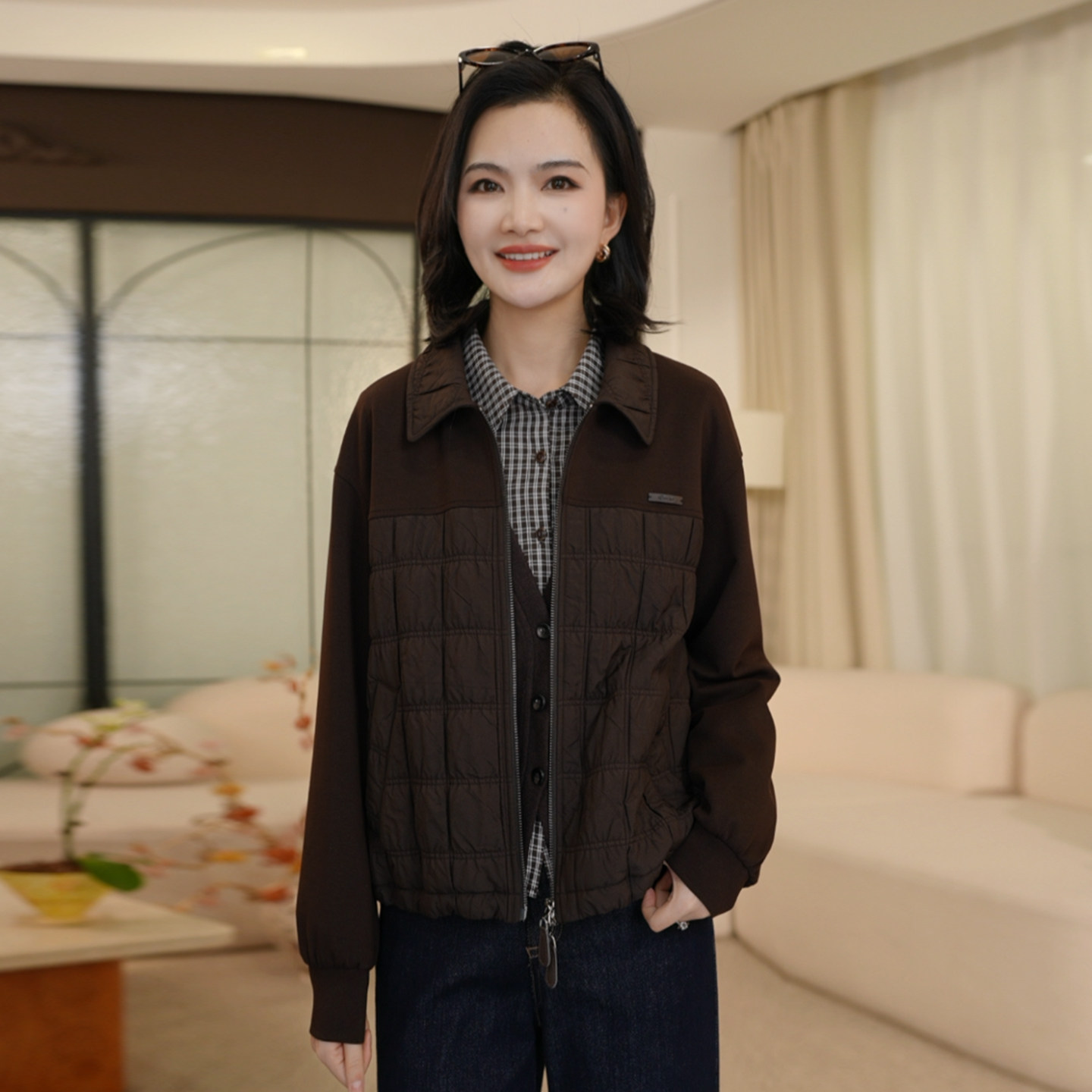 枫竺阿楠简约通勤翻领针织拼接绗缝夹棉外套女秋季保暖休闲棉服