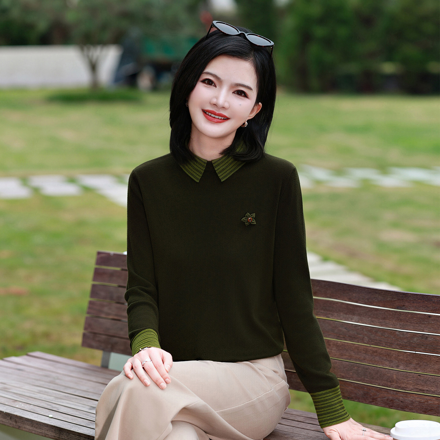 枫竺阿楠翻领撞色假两件羊毛针织
