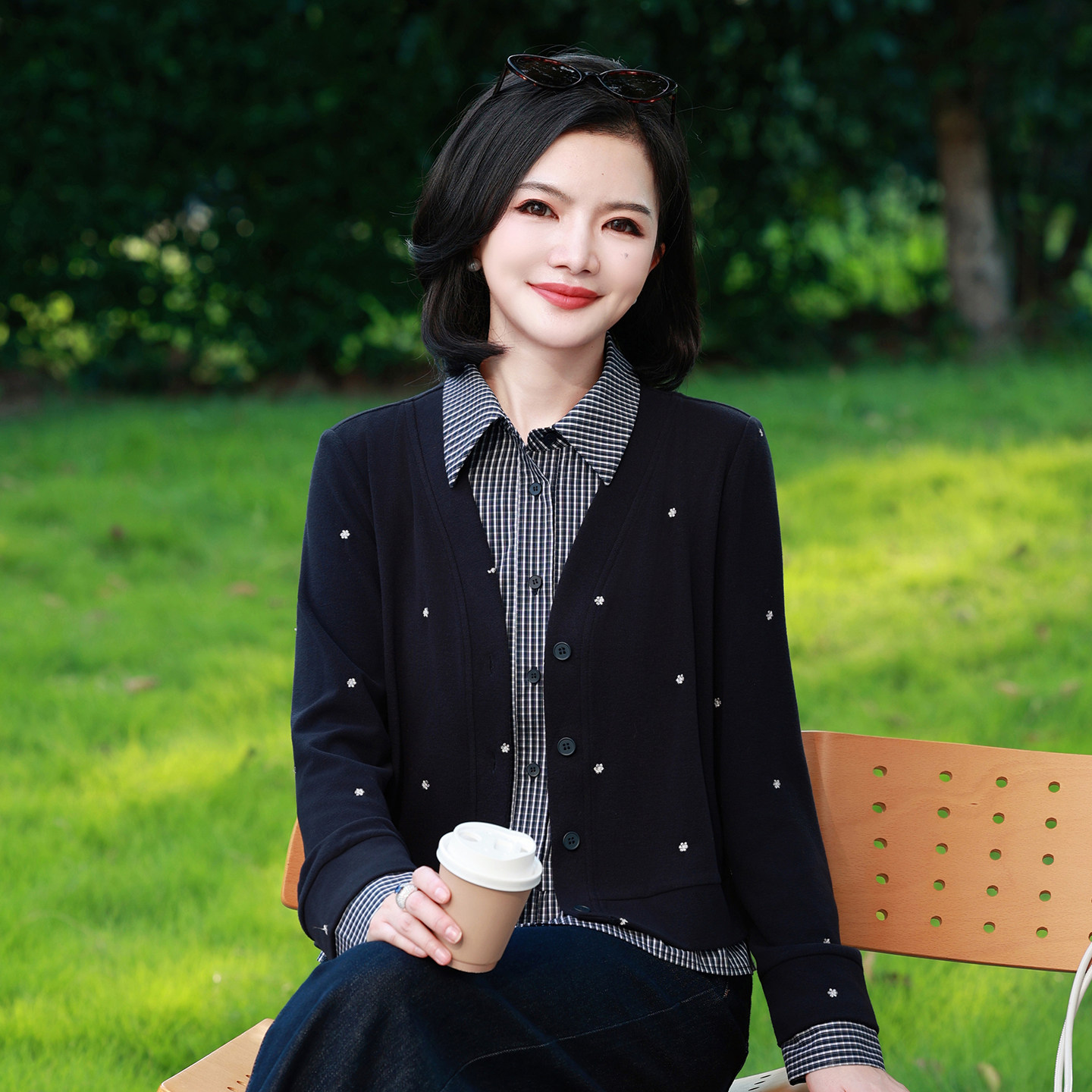 枫竺阿撞色拼接假两件针织上衣女图片