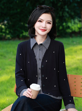 枫竺阿撞色拼接假两件针织上衣女