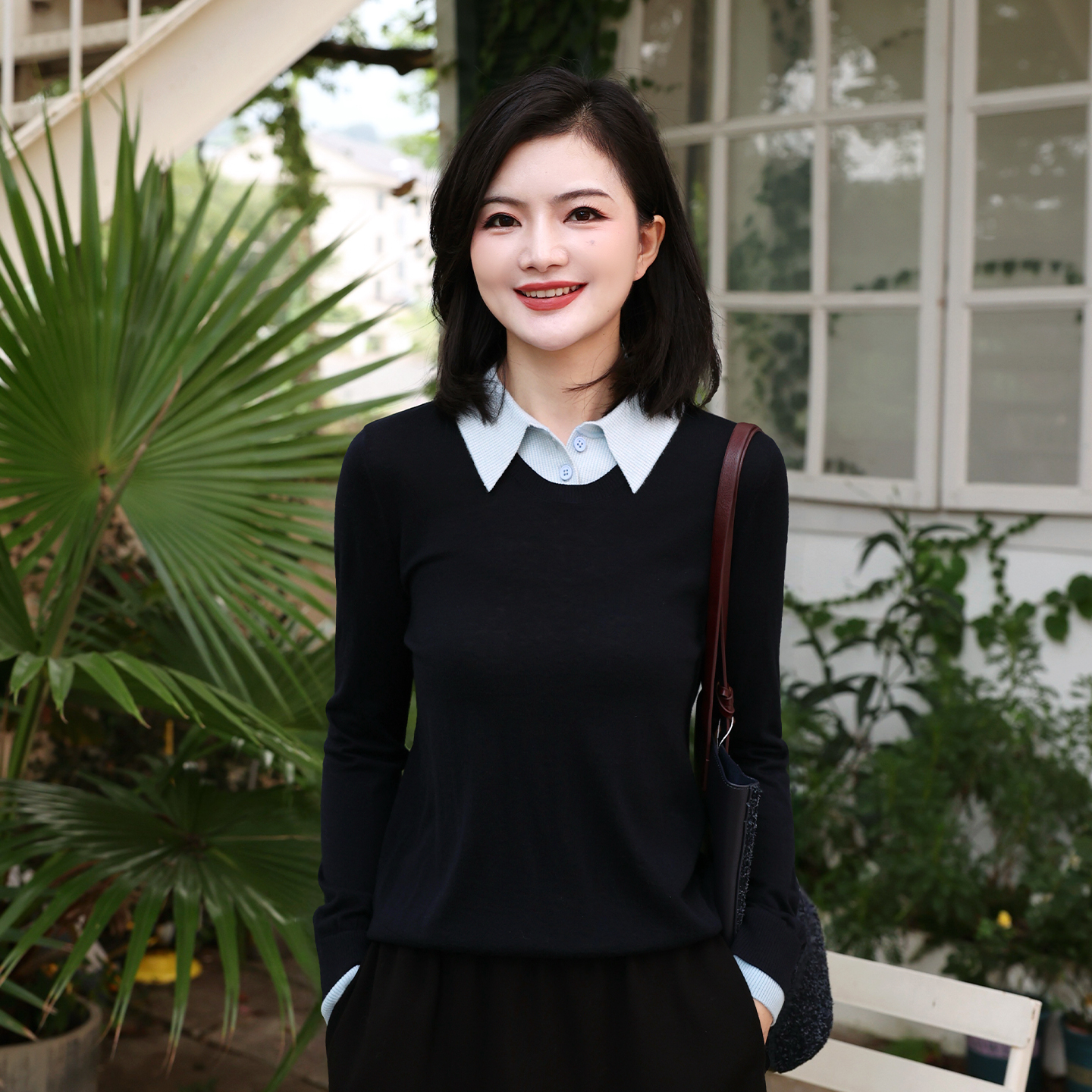 拼接翻领绵羊毛针织衫女