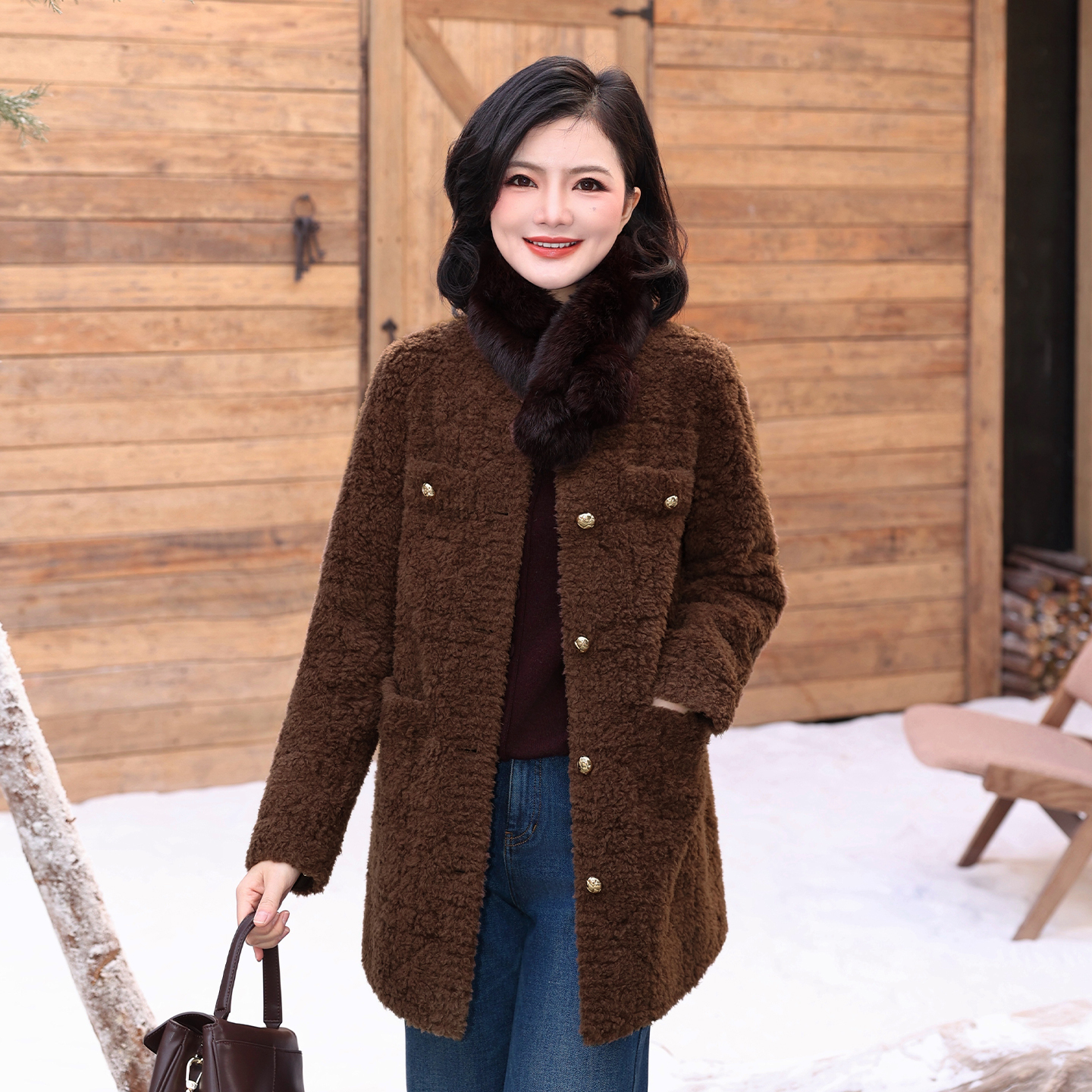 焦糖色小香风圆领羊毛颗粒大衣女