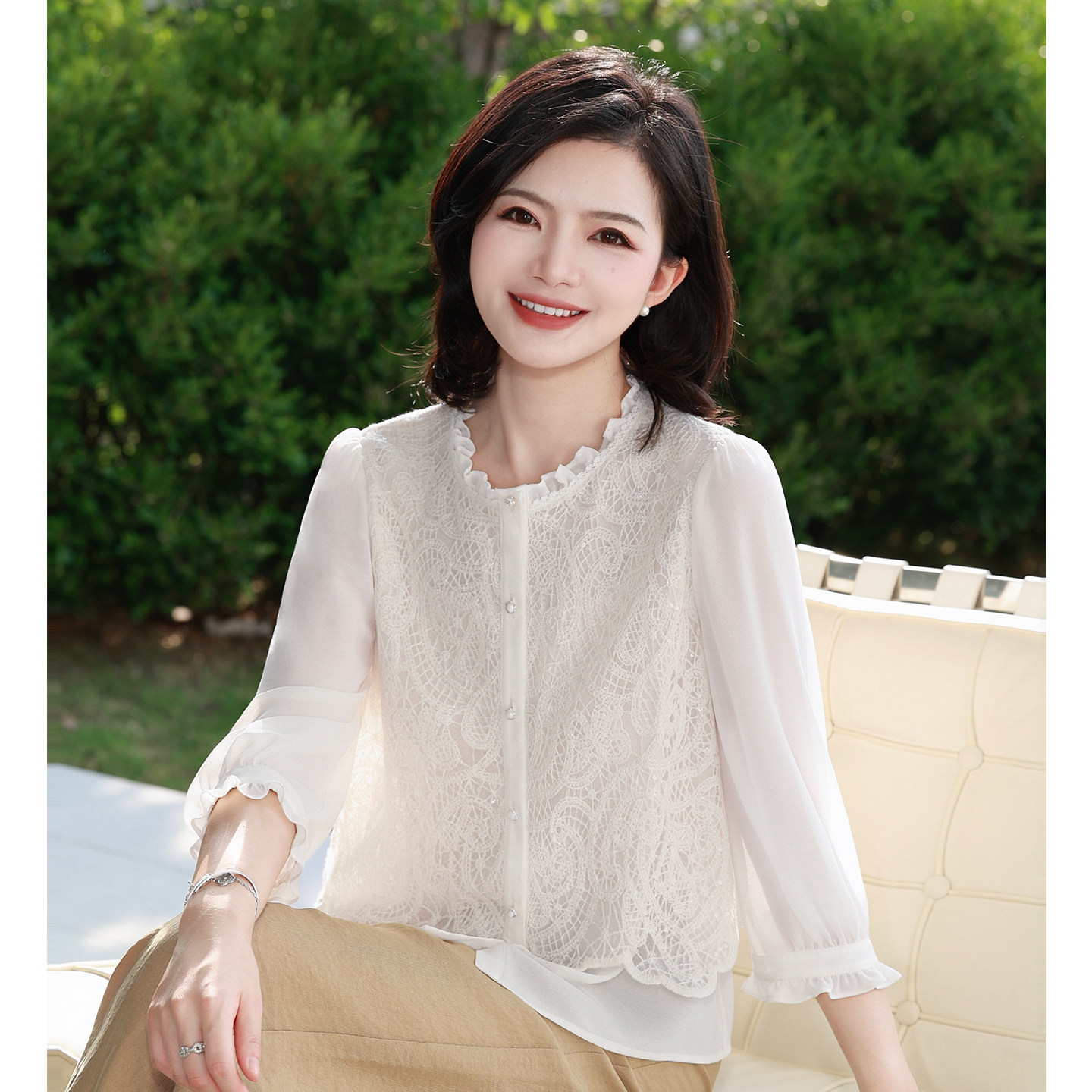 【假两件蕾丝拼接衬衫/现货】枫竺法式钉珠圆领衬衣女夏新款上衣