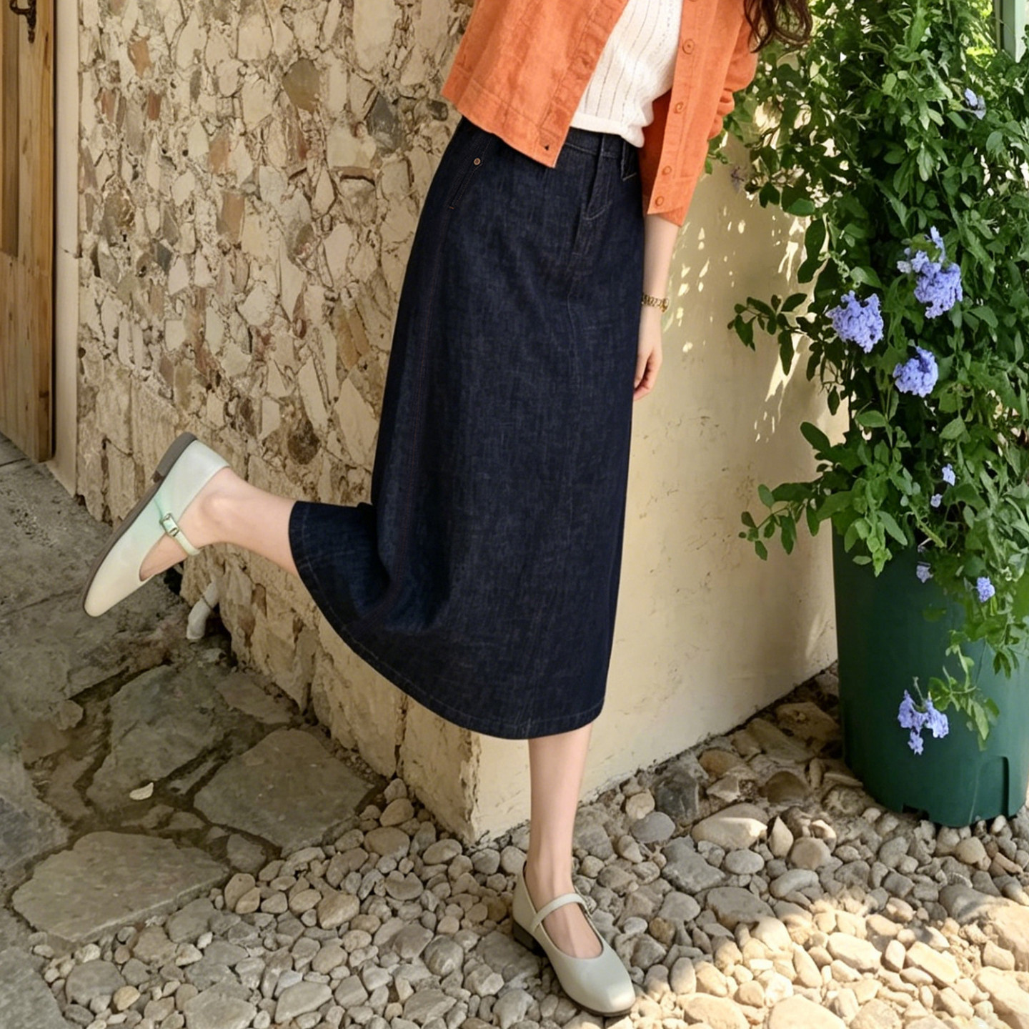 枫竺复古丹宁风半松紧腰原色牛仔半身裙女2026夏季中长款直筒裙子