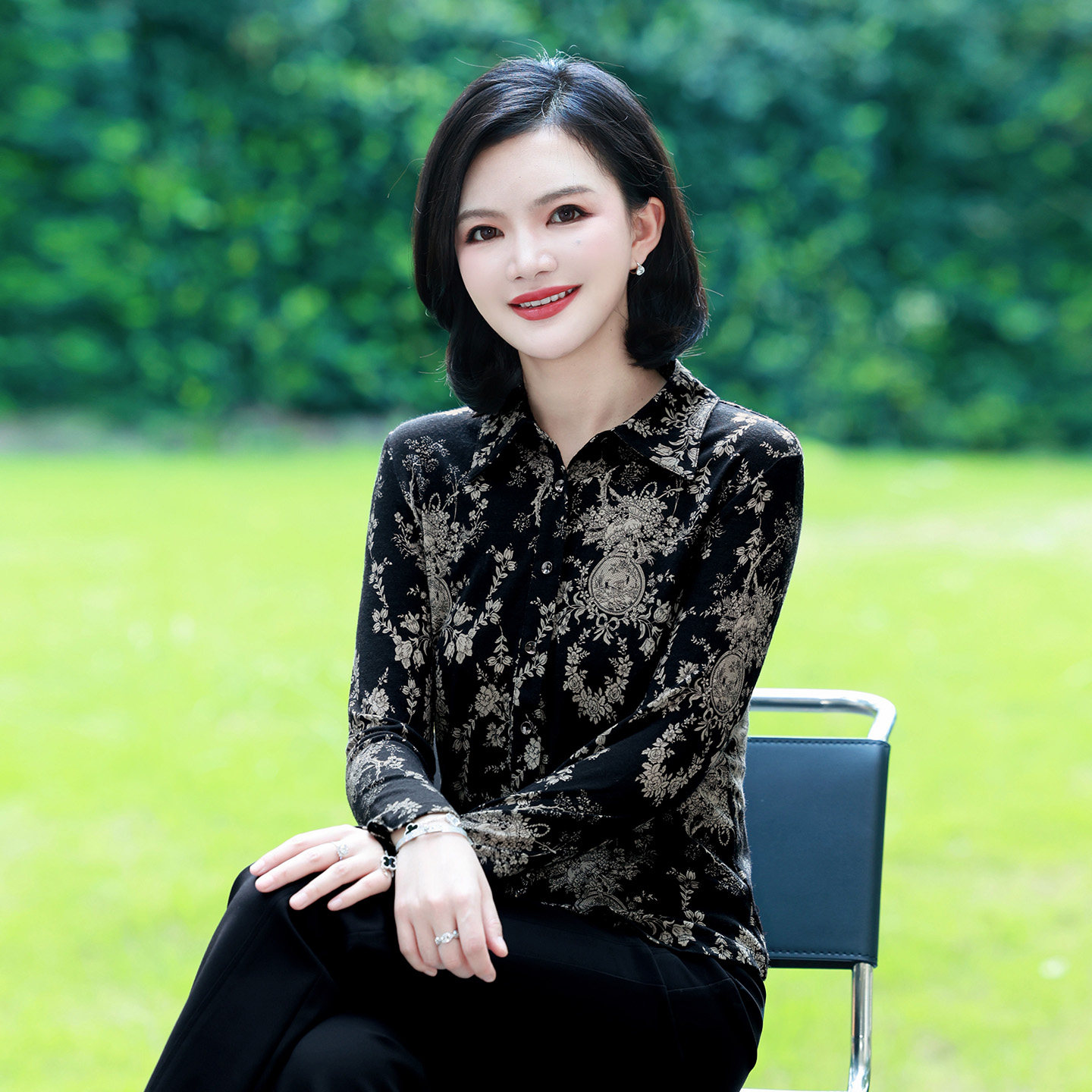 枫竺阿楠全羊毛优雅气质印花长袖衬衫女秋装新款显瘦简约洋气上衣