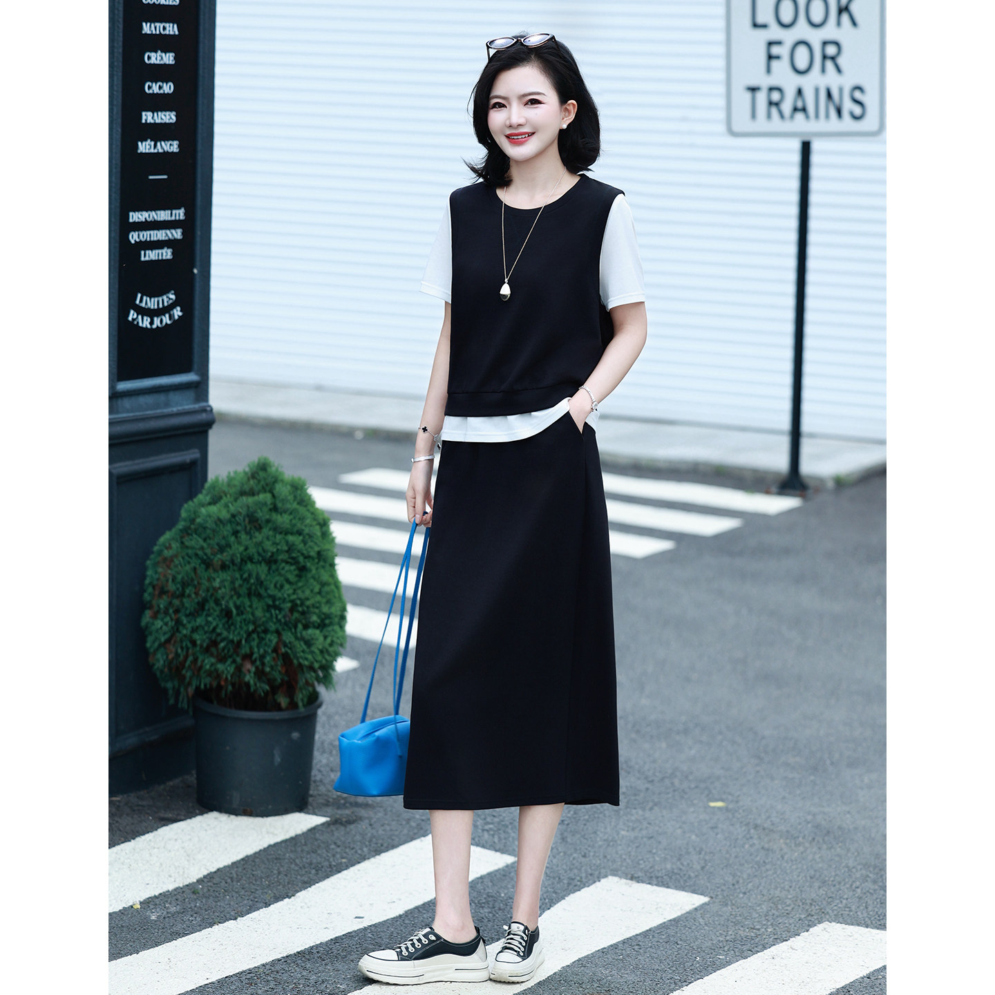 【假两件套装/现货】枫竺松弛感休闲短袖T恤半身裙两件套女2026夏
