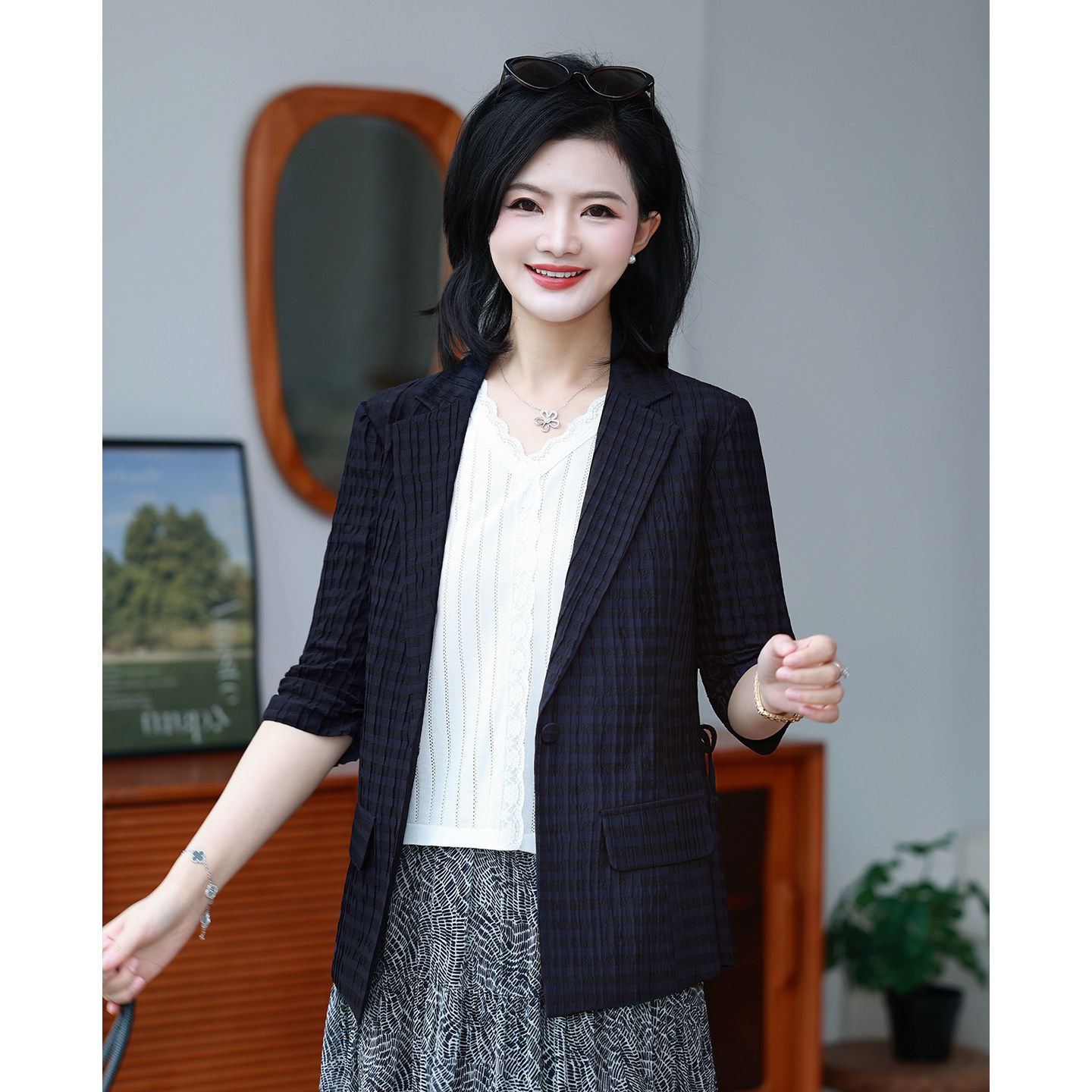 【名门西装】枫竺横纹叠影绉桑蚕丝收腰五分袖西服外套女2026春夏