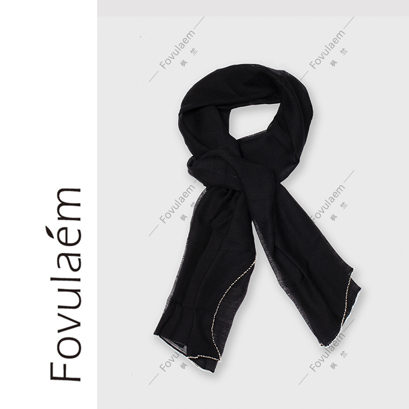 真丝羊毛黑色小围巾190*83