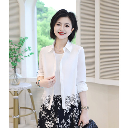 下摆蕾丝边长袖休闲纯色衬衫女夏