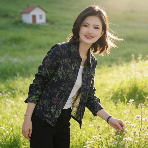 复古风时尚彩色提花牛仔外套女