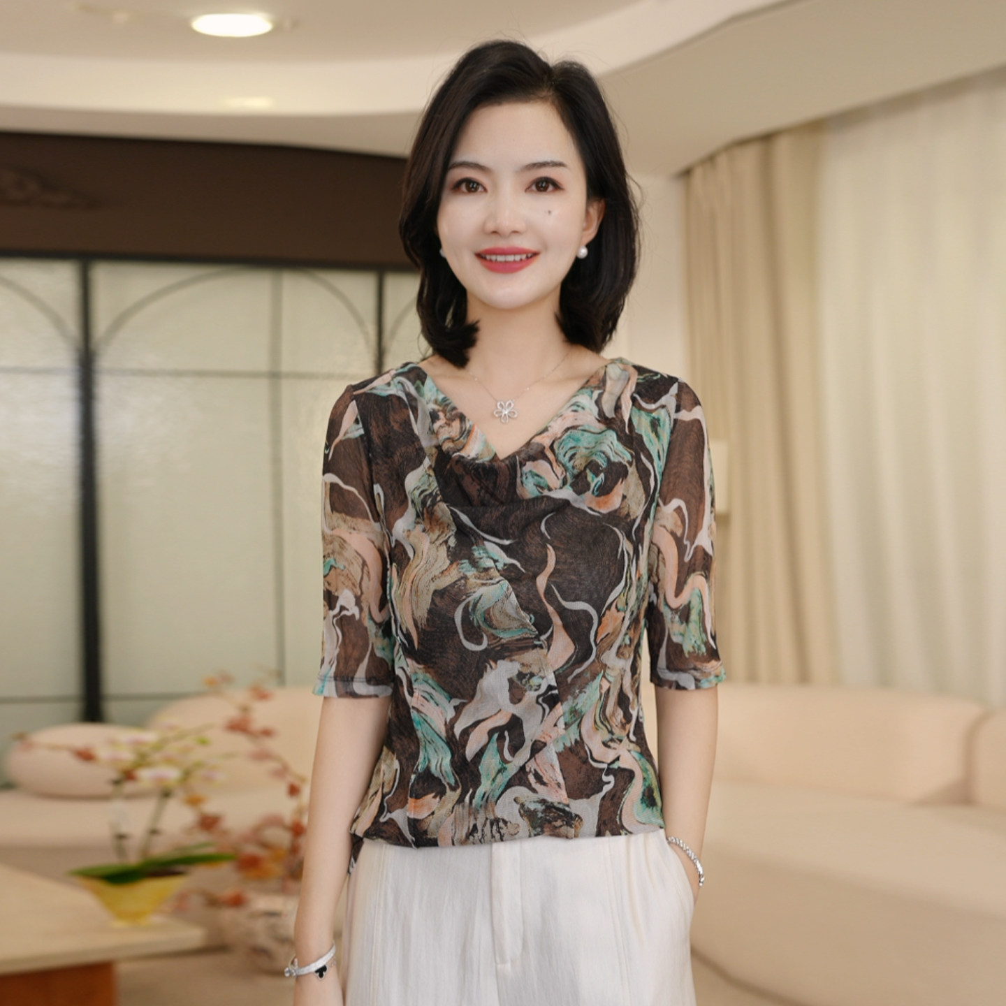 【针织桑蚕丝】枫竺阿楠荡领印花轻薄透气网眼桑蚕丝上衣真丝衫