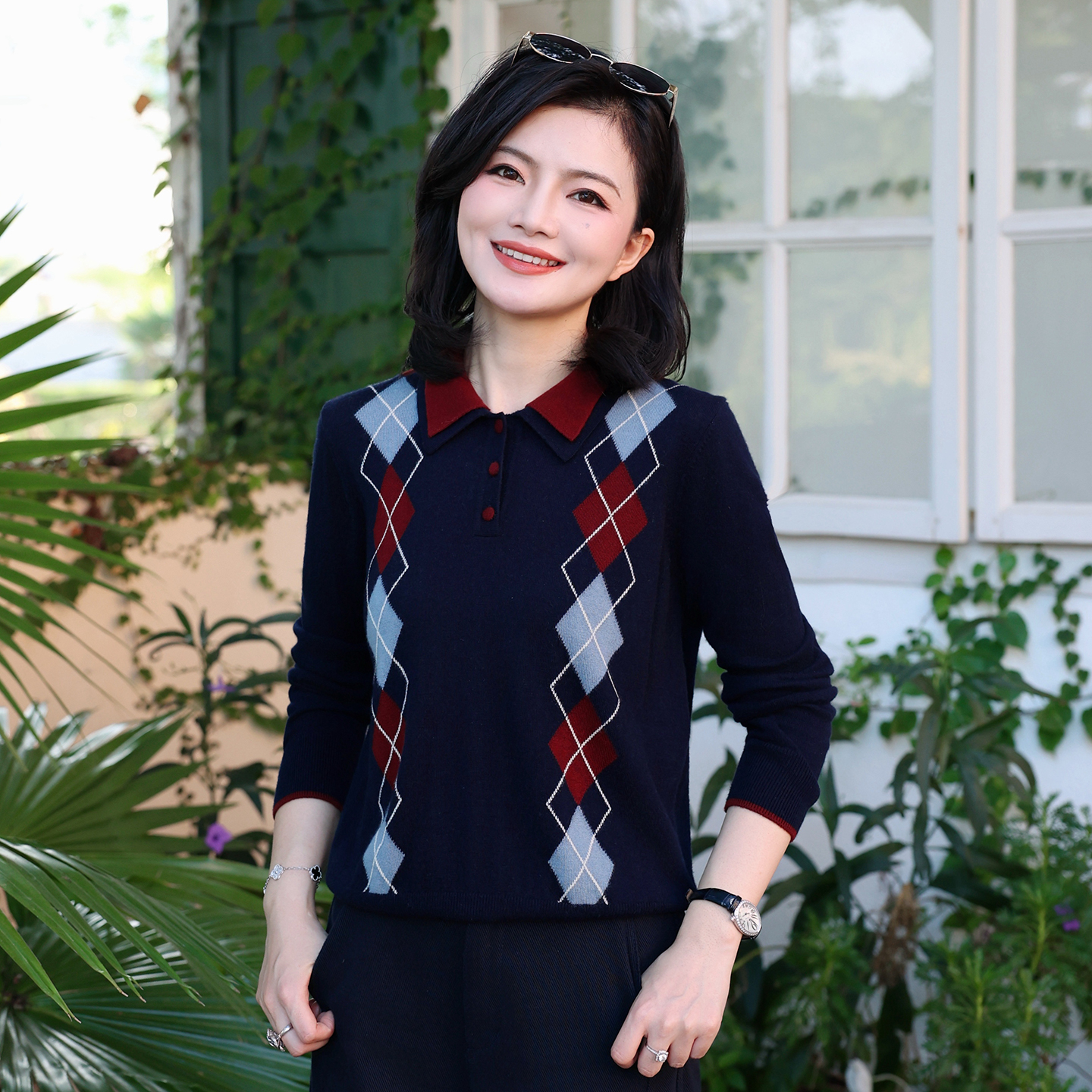 polo双领全羊毛菱形格纹针织衫