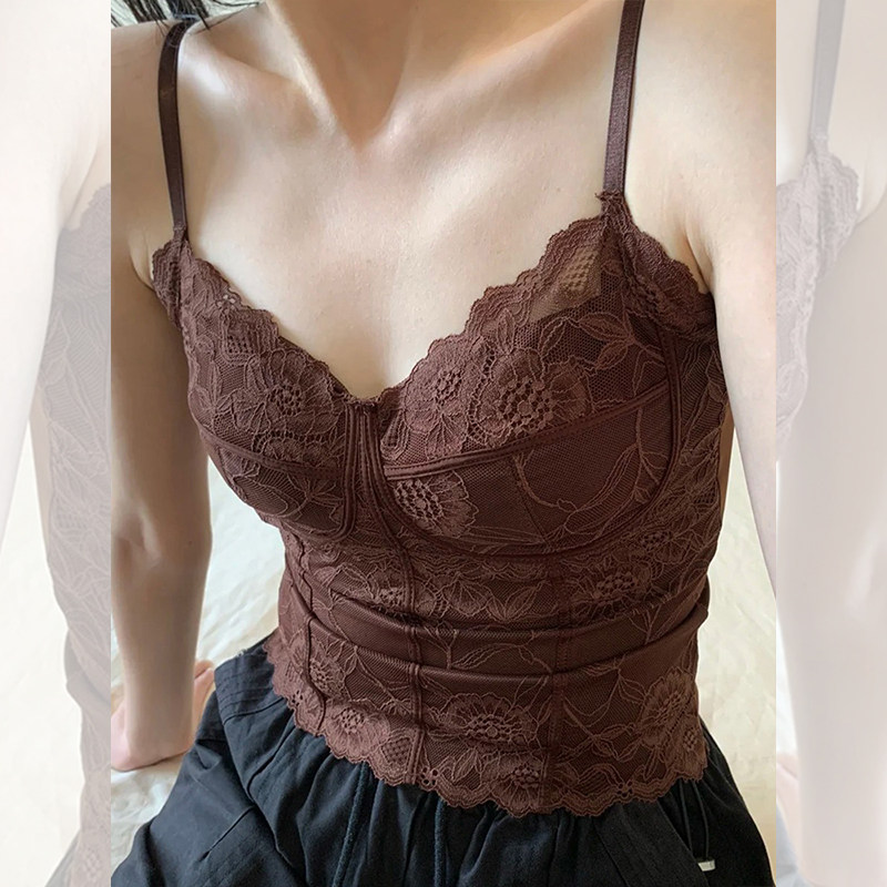 法式蕾丝吊带文胸女美拉德咖色带胸垫保暖背心抹胸内衣冬季修身