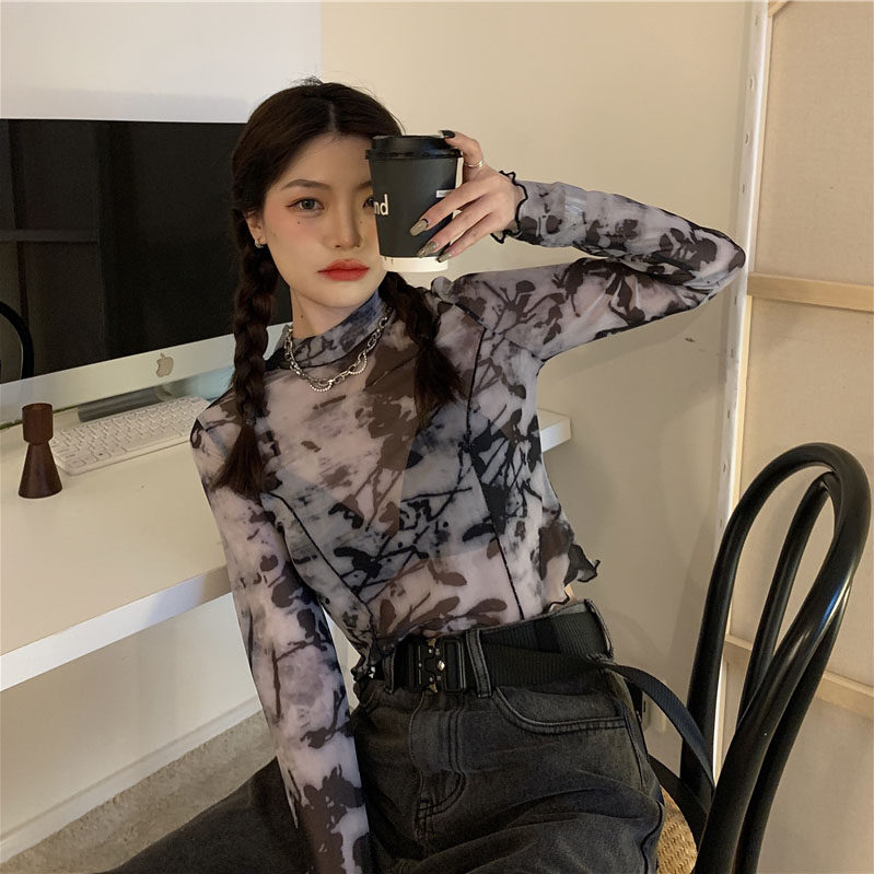 速发复薄小众打袖防晒衫内搭上衣网纱黑白花卉印花古款T恤夏长底