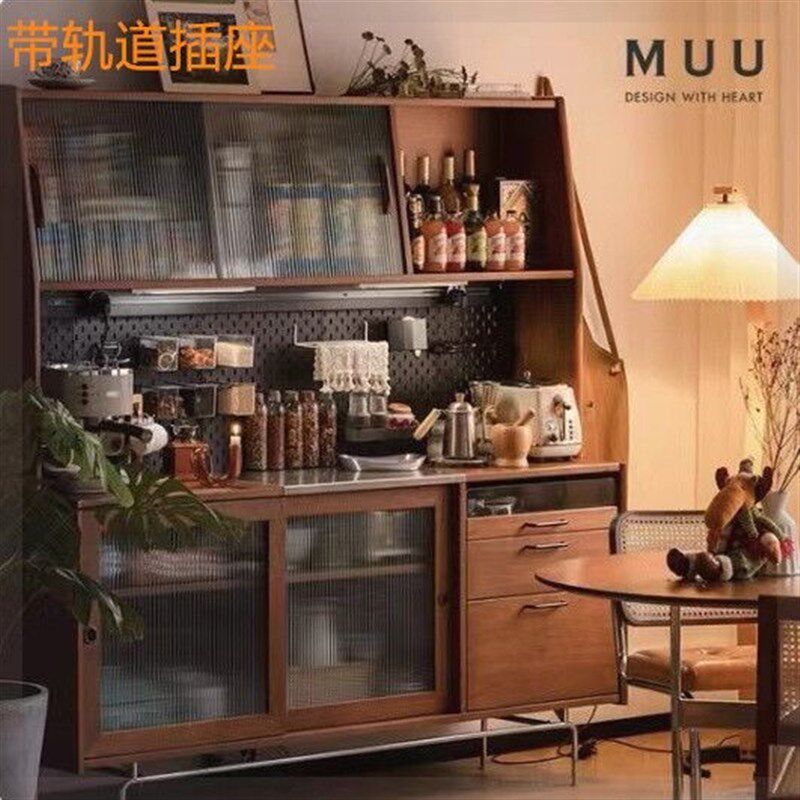 速发法式餐边柜实木餐边柜复古靠墙一体高柜北欧日式酒柜厨房家用