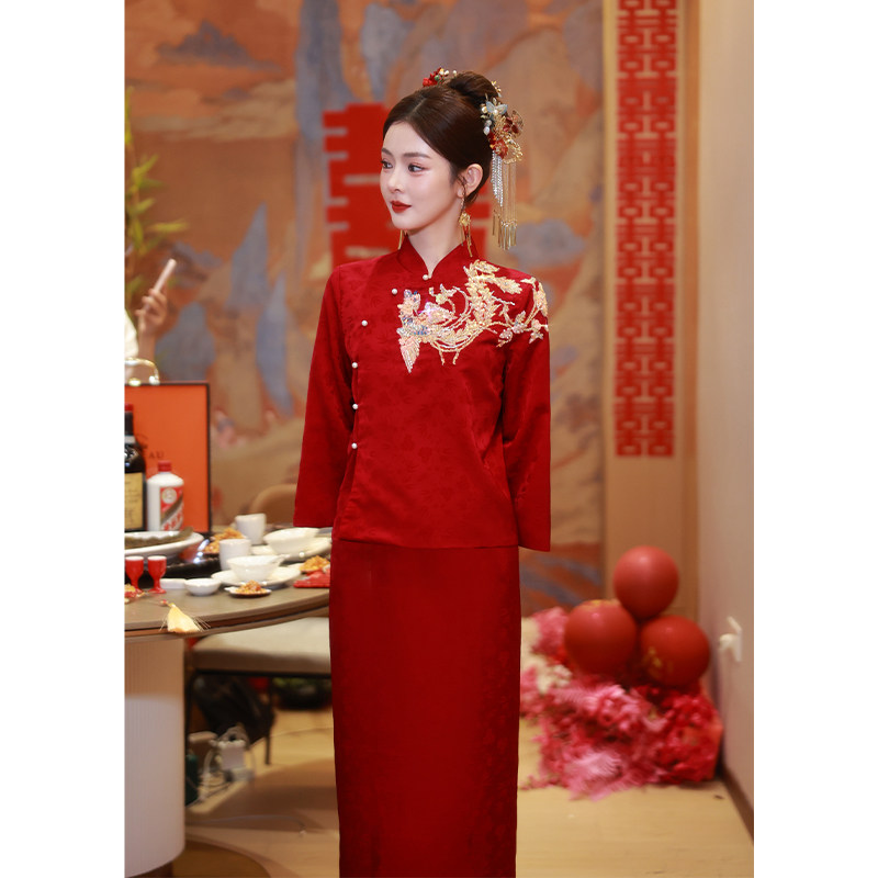 速发新中式高级感红色服装敬酒套新娘结婚禾秀服婚服长袖旗袍订婚