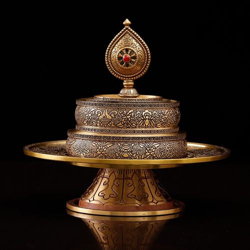 速发西藏雕吉祥纯铜曼扎盘八刻金刚杵八宝罗曼茶案供奉曼扎盘大号