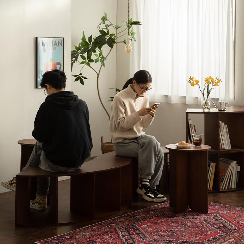 速发#断荫复古实木长凳咖长厅啡条凳隔枝收纳组合凳子商用圆弧组