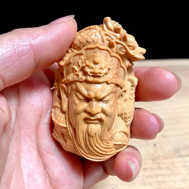 速发崖柏木雕御龙关公头手把件武财神关羽吊坠牌子挂件实木工艺品
