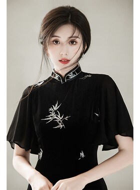 速发新中日黑色高袍中国风丝绒刺绣旗端复古式常走秀演出小个子