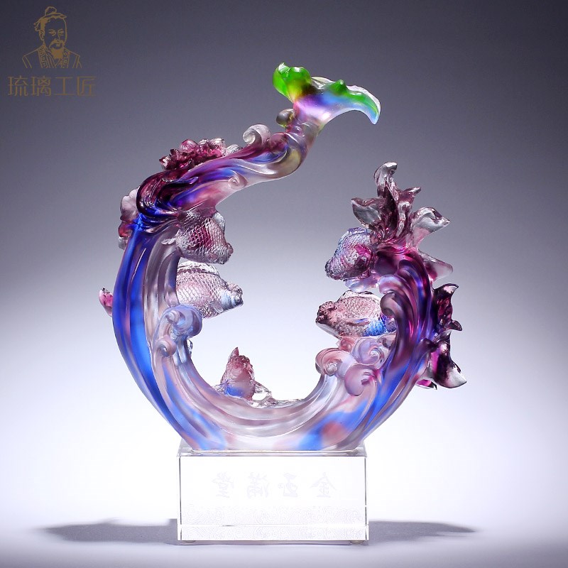 速发琉璃工艺品摆设搬家礼物乔迁礼品客厅创意高档玻璃金玉满堂鱼