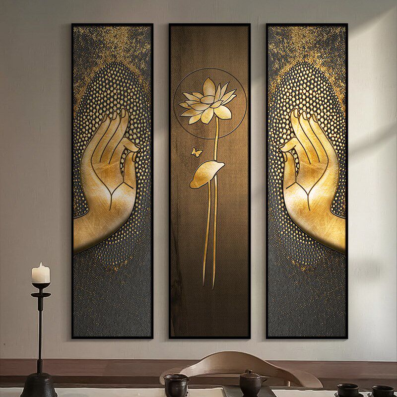茶室挂画新中式客厅背景墙装饰画佛手莲花组画佛系竖版壁画