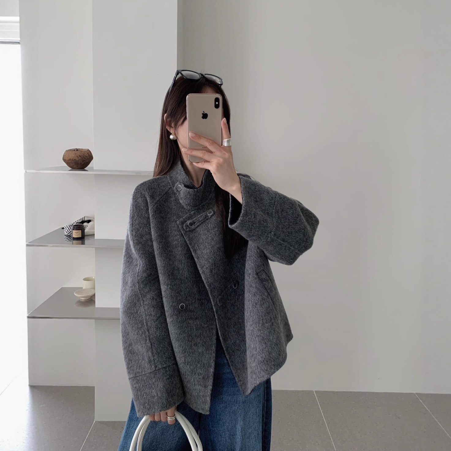 高端双排扣立领双面羊毛大衣短款小个子休闲宽松加厚保暖羊绒外套