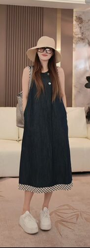 【陈书婷专享】复古天丝亚麻牛仔连衣裙女F783-YSH2336B