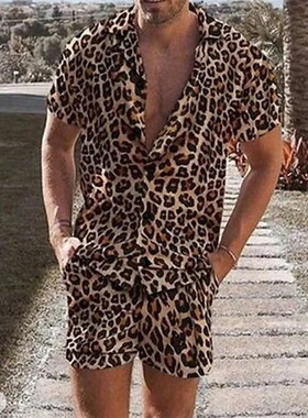 Leopard print shirt beach shorts set男士豹纹衬衫沙滩短裤套装