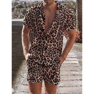 beach shorts 套装 print 沙滩短裤 shirt 豹纹衬衫 Leopard set男士
