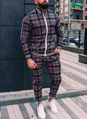 Men's plaid sports suit欧美男士休闲运动格子拉链衫长裤两件套