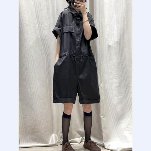 翻领束腰工装连体短裤