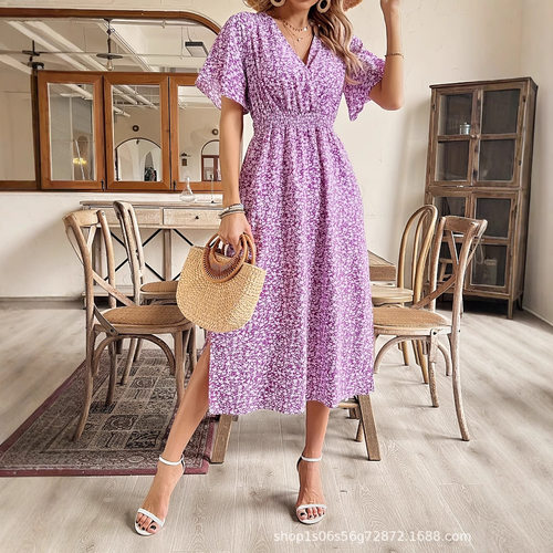 V领短袖波西米亚大摆度假连衣裙