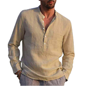 neck sleeved Long shirt男士 linen V领沙滩亚麻衬衫 beach 长袖
