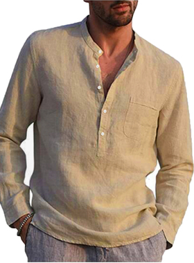 Long sleeved V-neck beach linen shirt男士长袖V领沙滩亚麻衬衫