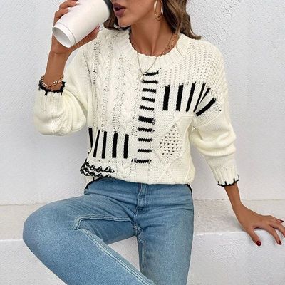 Striped round neck contrasting top for women条纹圆领撞色上衣