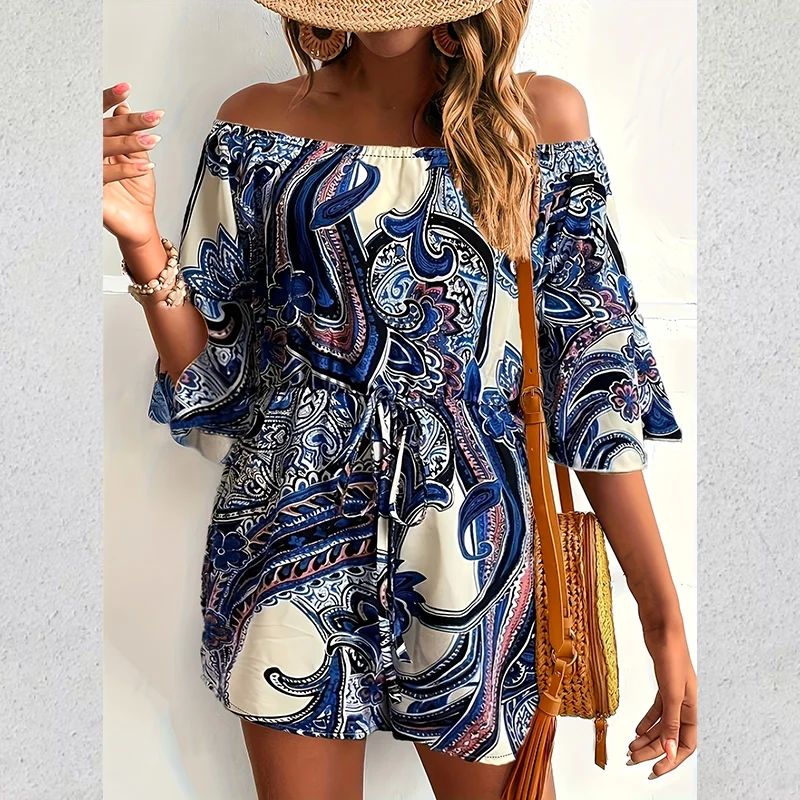 民族风一字肩收腰连体短裤女Ethnic style one-shoulder jumpsuit