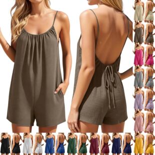 纯色宽松吊带沙滩度假连体短裤Beach vacation one-piece shorts
