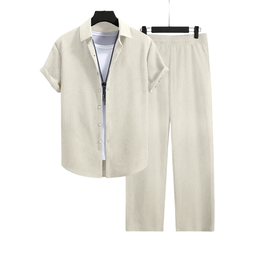男士休闲提花短袖衬衫长裤套装