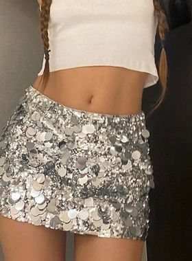 Sequin Reflective Wrap Hip Skirt低腰亮片反光短款包臀半身裙女