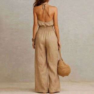 纯色收腰阔腿休闲露背连体裤女 Solid-colored backless jumpsuit