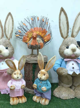 橱窗展厅店铺藤草编织动物装饰工艺品仿真草编卡通小兔子装饰摆件