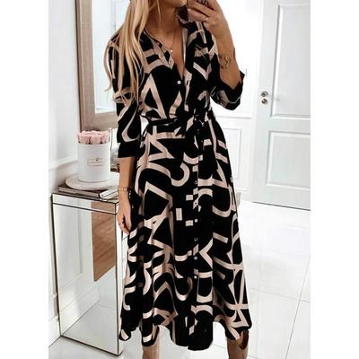 印花衬衫连衣裙长款2023autumn winter women long shirt dresses