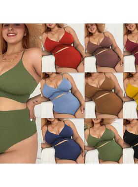 Plus sizes bikini swimsuit欧美女士大码v领绑带高腰比基尼泳衣